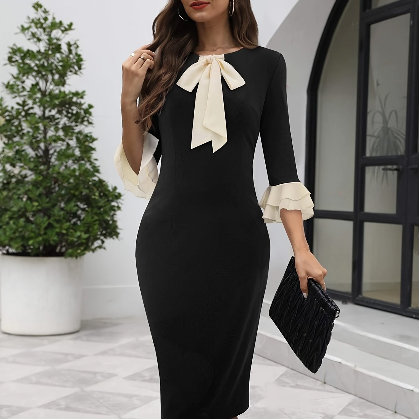 gbolsos Tie-neck Ruffle Tiered Sleeve Dress, Elegant Pencil Dress For Spring & Fall, Women's Clothing