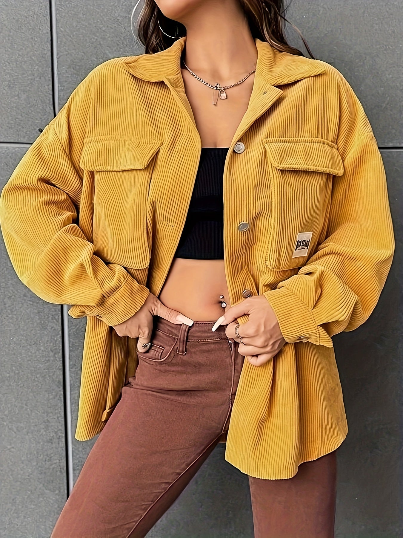 gbolsos Button Front Simple Jacket, Casual Long Sleeve Outerwear With Pockets, Women's Clothing