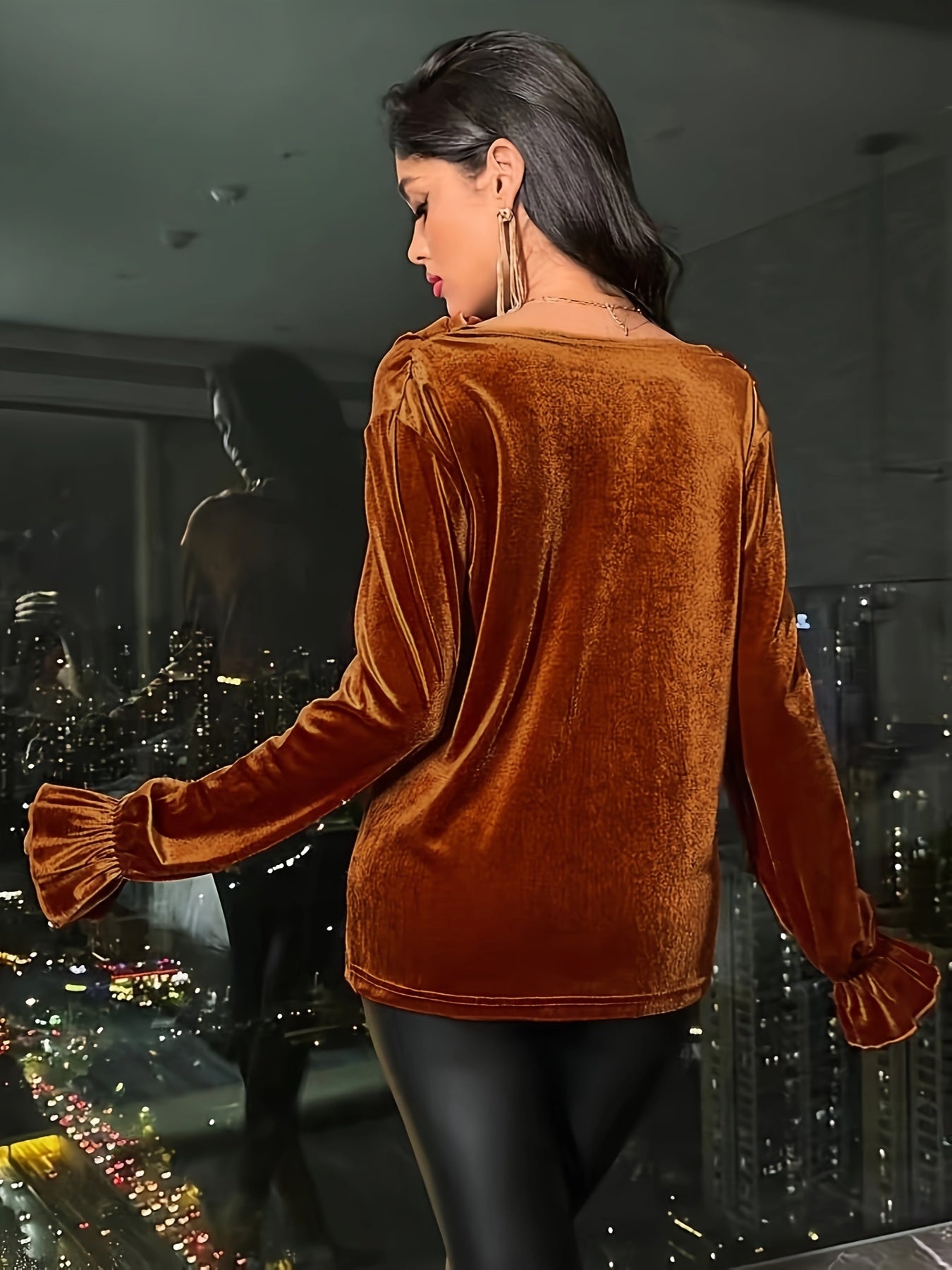 gbolsos Solid Cowl Neck Velvet T-shirt, Elegant Long Sleeve Comfy Top, Women's Clothing
