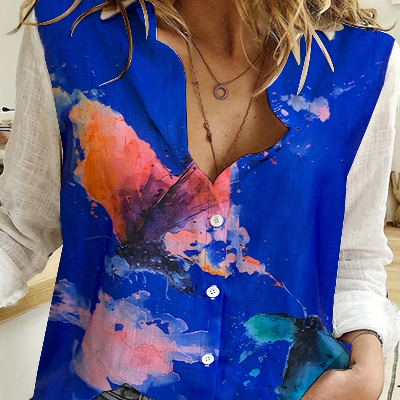 gbolsos Butterfly Print Button Front Shirt, Casual Long Sleeve Shirt For Spring & Fall, Women's Clothing