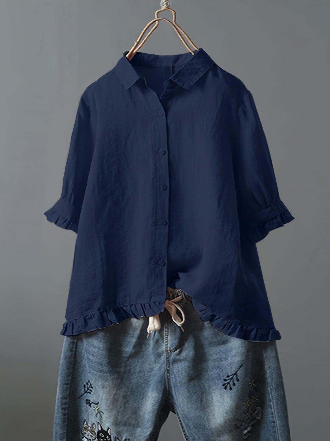 Solid Ruffle Trim 3/4 Sleeve T-Shirt, Casual All-Seasons Tops, Women's Clothing