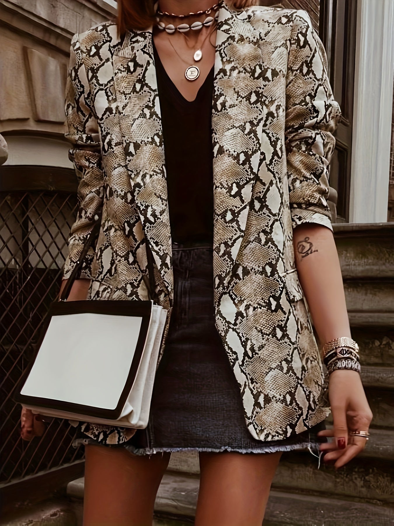 Plus Size Casual Blazer, Women's Plus Snake Pattern Lapel Collar Open Front Long Sleeve Slim Fit Blazer