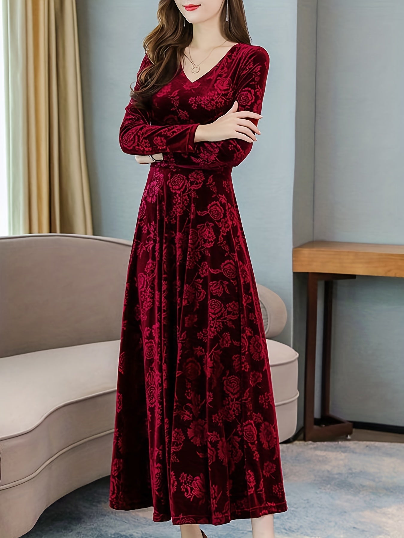 gbolsos Floral Pattern Maxi Dress, Elegant V Neck Long Sleeve Dress, Women's Clothing