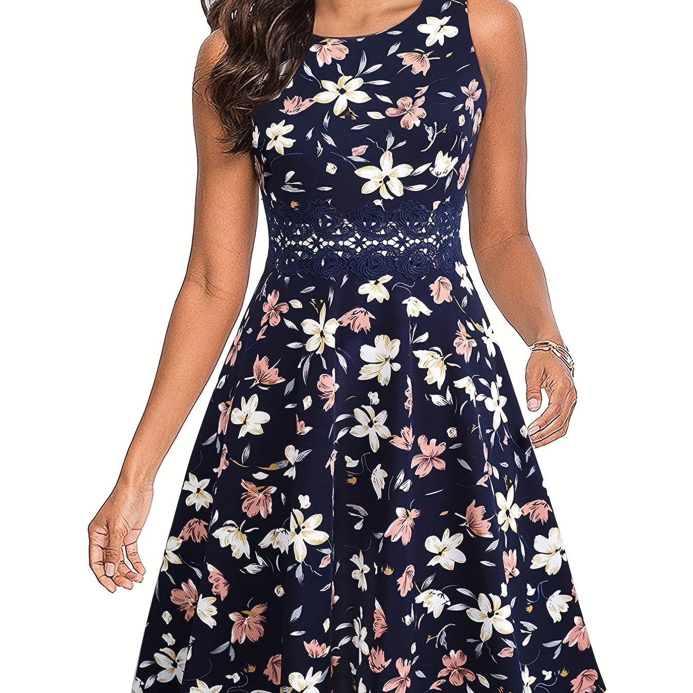 gbolsos Lace Stitching Solid Dress, Elegant Sleeveless Crew Neck Pleated Tank Dress, Women's Clothing