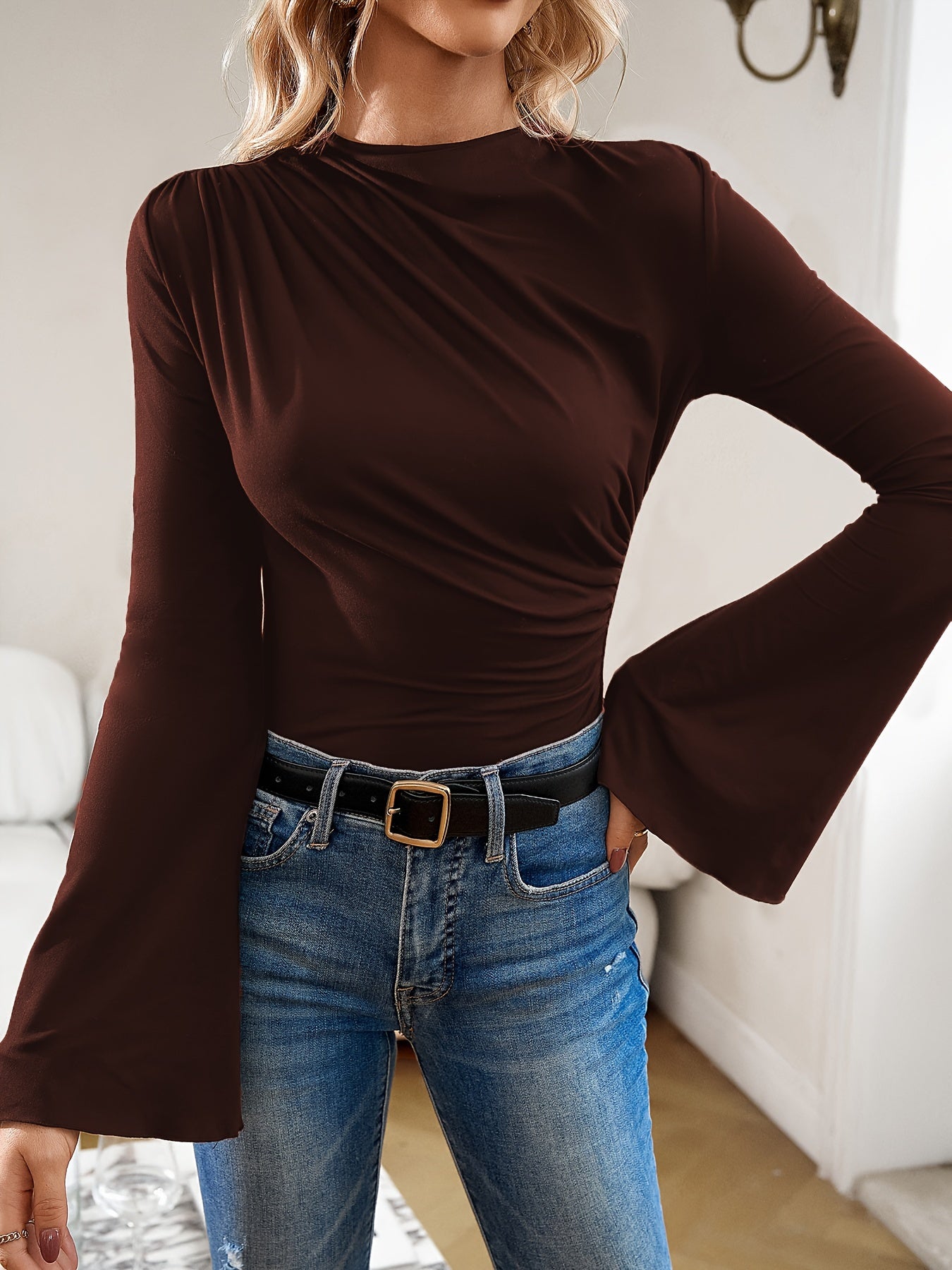 gbolsos Ruched Boat Neck T-Shirt, Elegant Long Flare Sleeve Top For Spring & Fall, Women's Clothing
