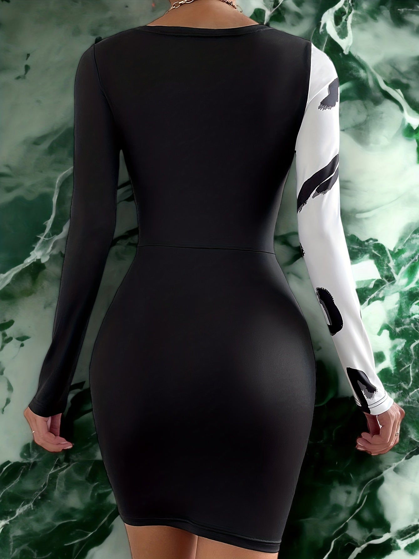 gbolsos Color Block Twist Front Dress, Casual V Neck Long Sleeve Bodycon Dress, Women's Clothing