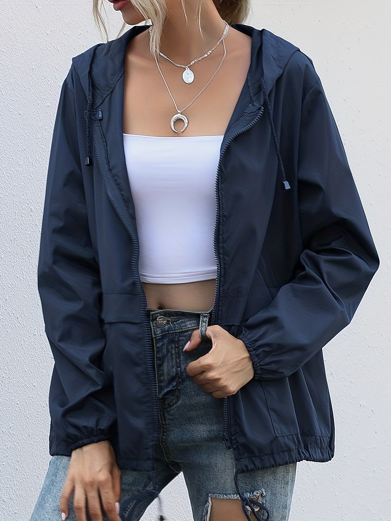 gbolsos Drawstring Solid Hooded Jacket, Casual Long Sleeve Versatile Outerwear, Women's Clothing