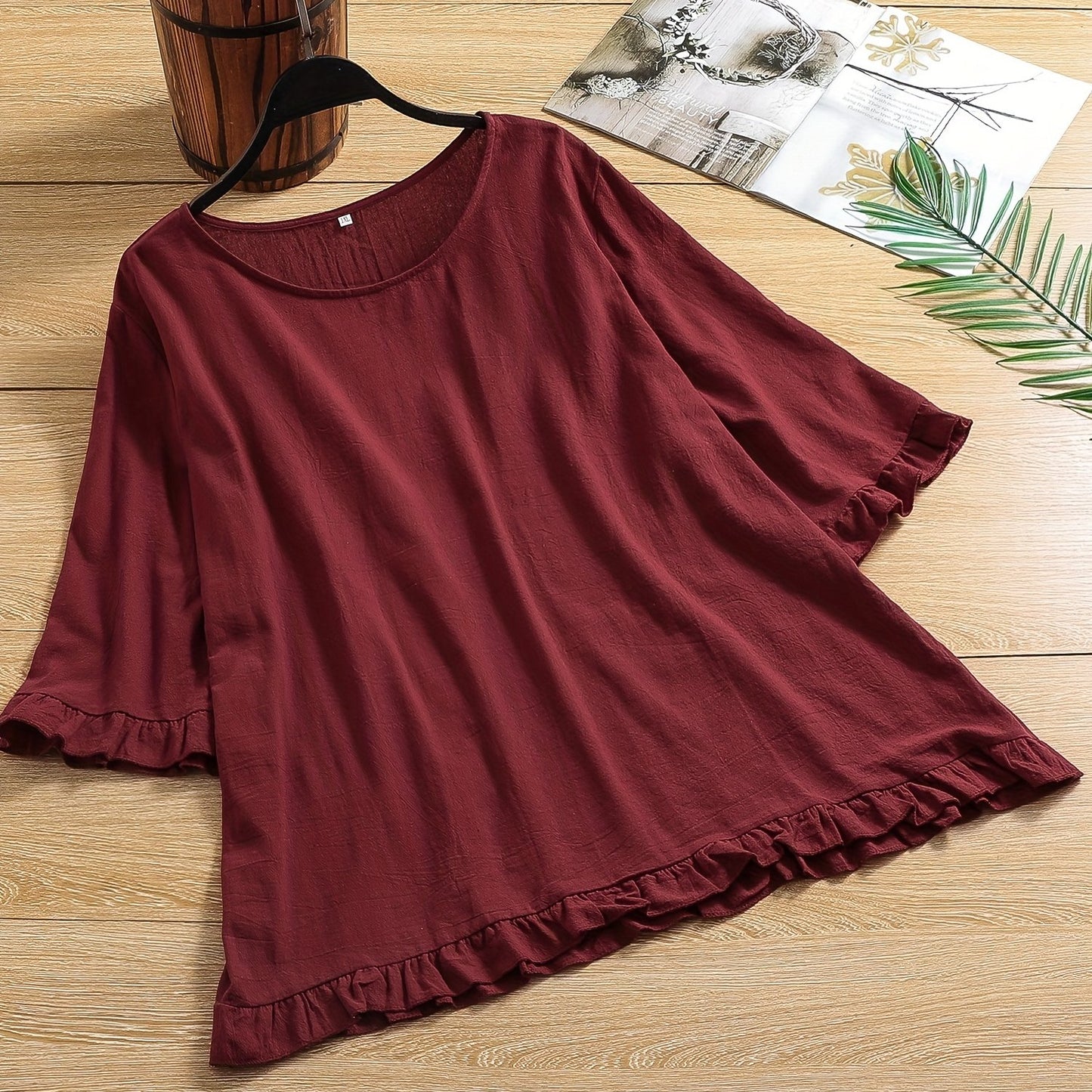 solvbao Plus Size Casual Top, Women's Plus Solid Lettuce Trim Half Sleeve Round Neck Slight Stretch Top