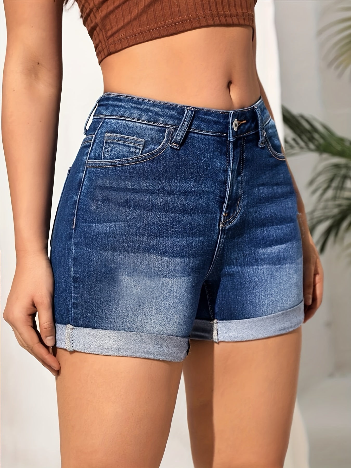 gbolsosRoll Up Hem Whiskering Stretchy Denim Shorts, Water Ripple Embossed Crotch Cuffed Denim Pants, Women's Denim Jeans & Clothing