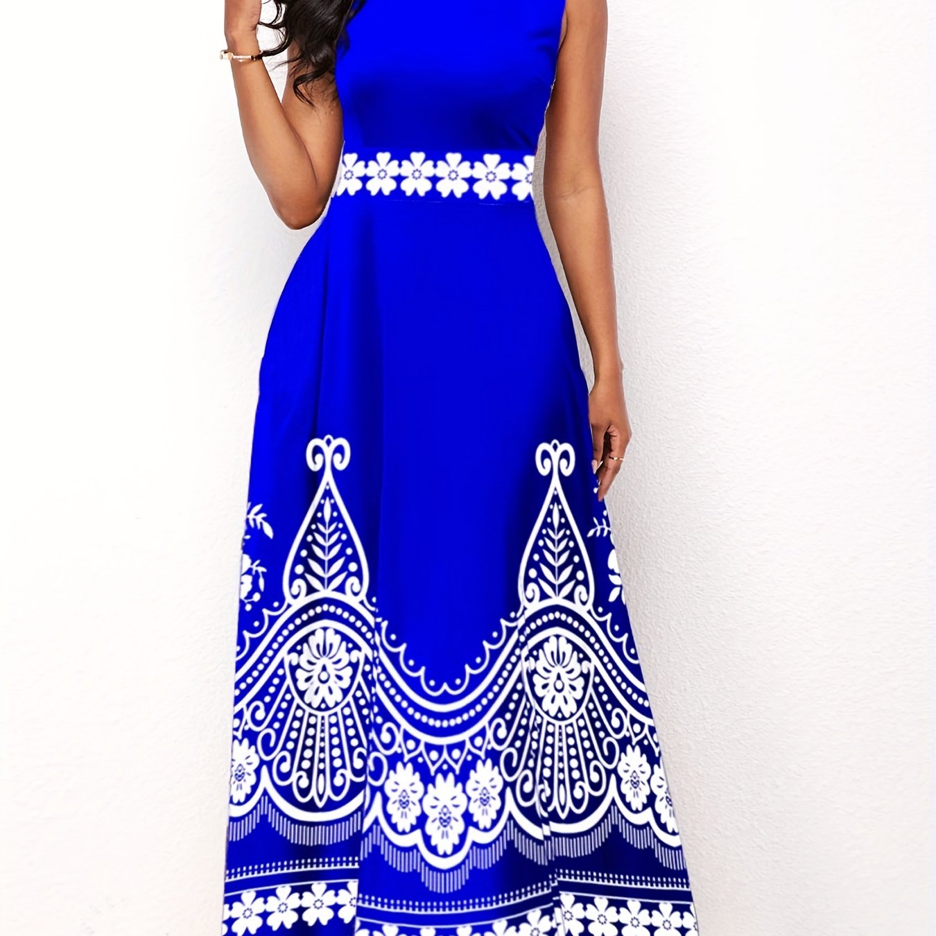gbolsos Floral Print A-line Long Dress, Elegant Crew Neck Sleeveless Waist Summer Swing Dresses, Women's Clothing