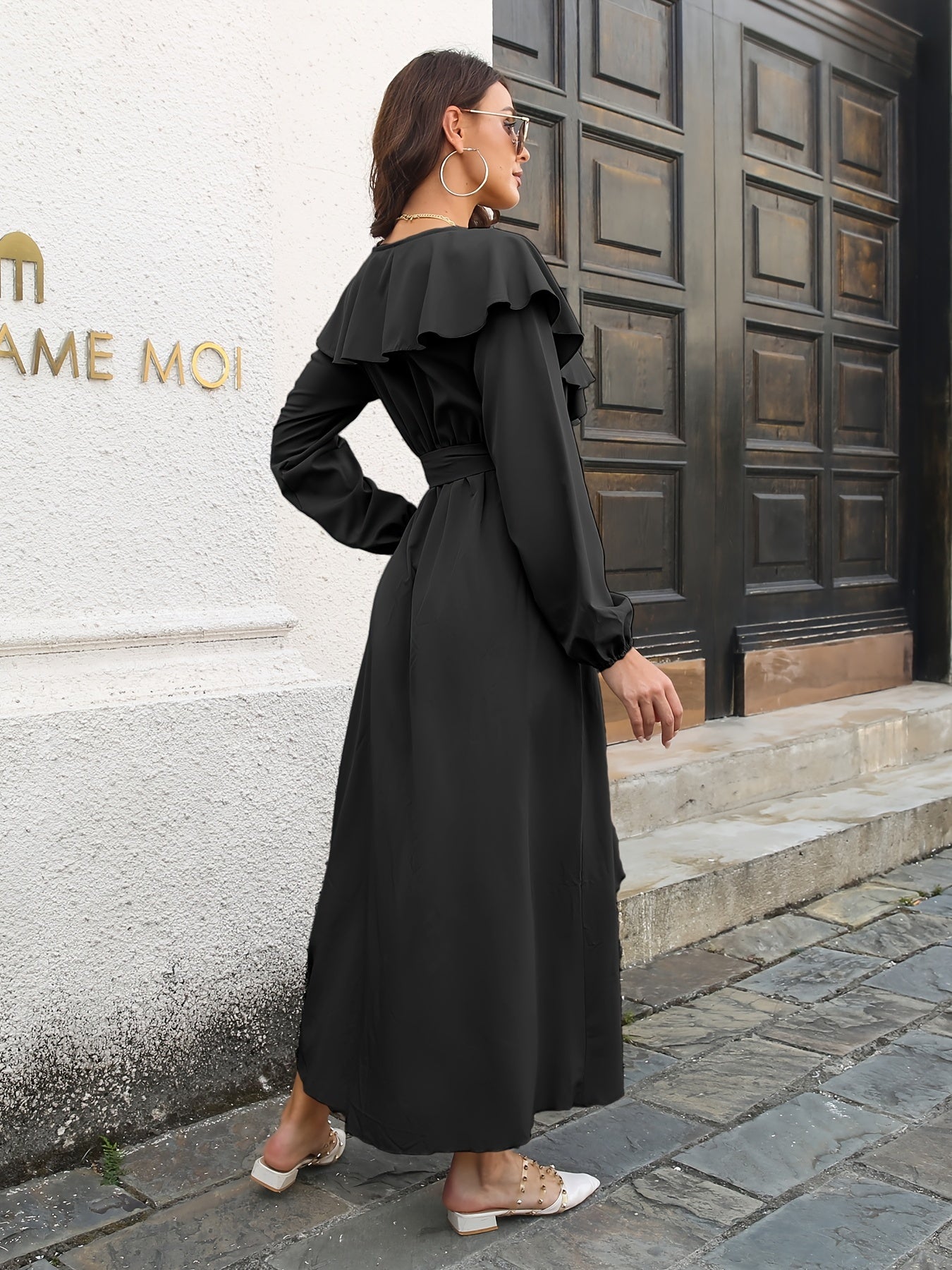 Solid V Neck Ruffled Hem Split Dress, Vintage Tie Waist Long Sleeve Maxi Dress, Women's Clothing
