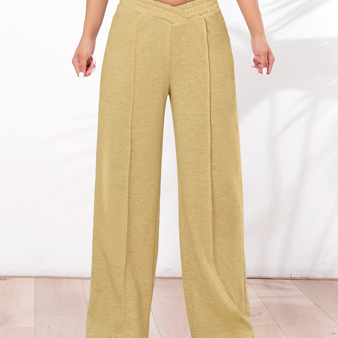 Solid Straight Leg Pants, Casual Asymmetrical Elastic Waist Pants For Spring & Fall, Women's Clothing