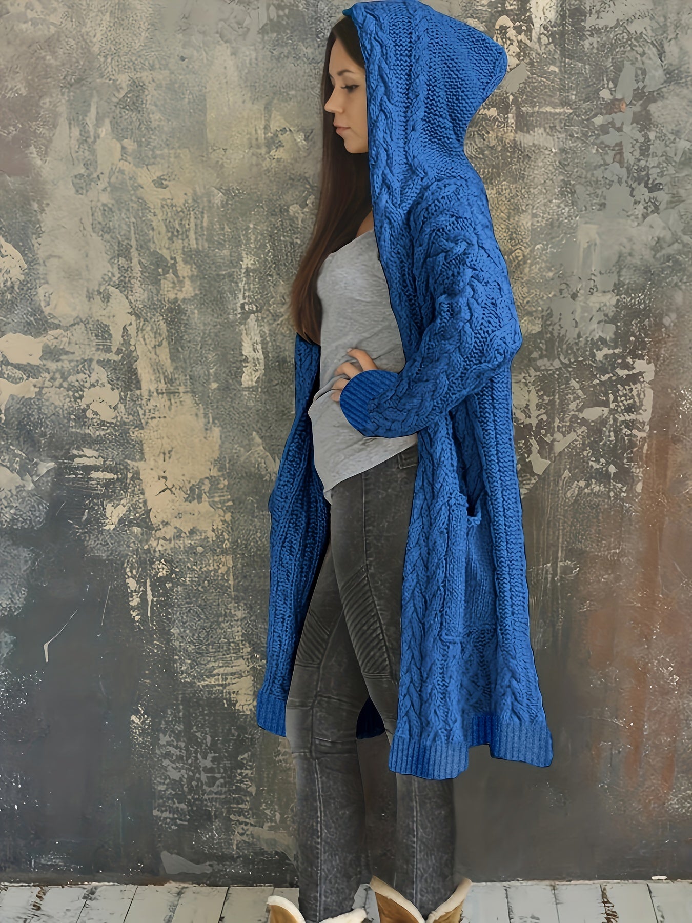Chunky Knit Hooded Cardigan, Solid Long Open Front Sweater, Casual Cardigan For Fall & Winter, Women's Clothing