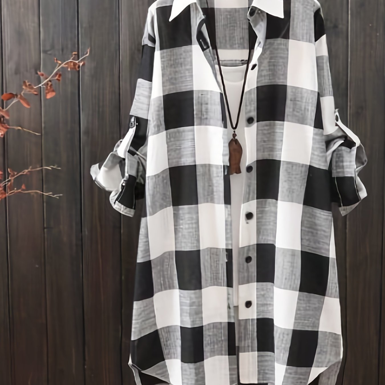 Plaid Print Dipped Hem Shirt, Casual Mid Length Button Front Turn Down Collar Long Sleeve Shirt, Women's Clothing
