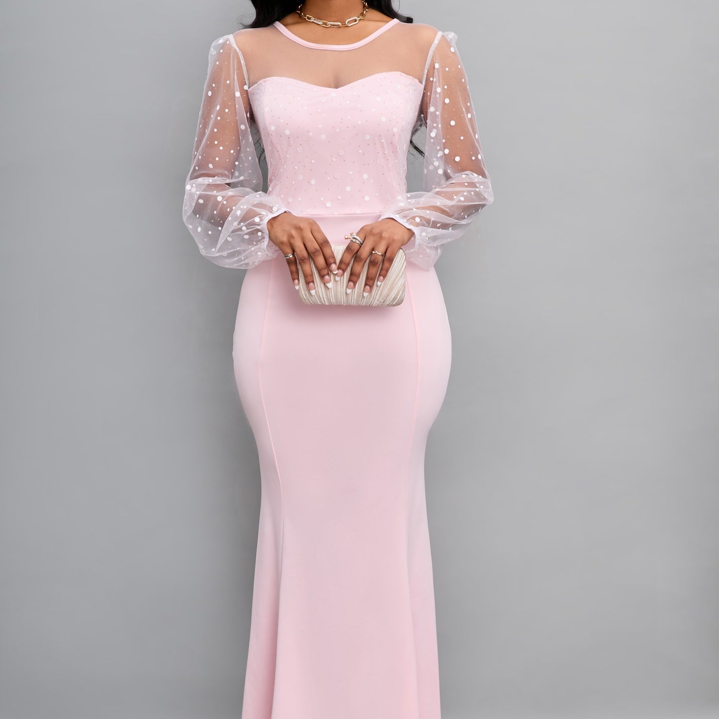 gbolsos Round Neck Mesh Stitching Dress, Elegant Slim Long Sleeve Waist Long Dresses, Women's Clothing