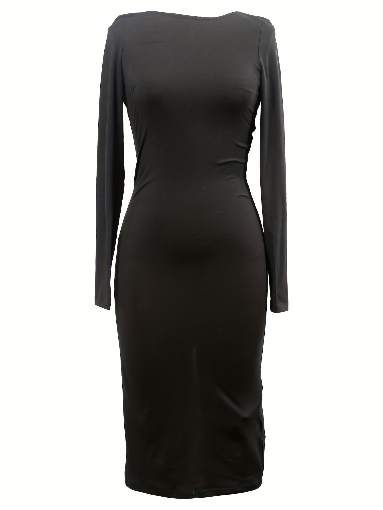 Solid Zipper Back Bodycon Dress, Elegant Long Sleeve Split Dress For Spring & Fall, Women's Clothing