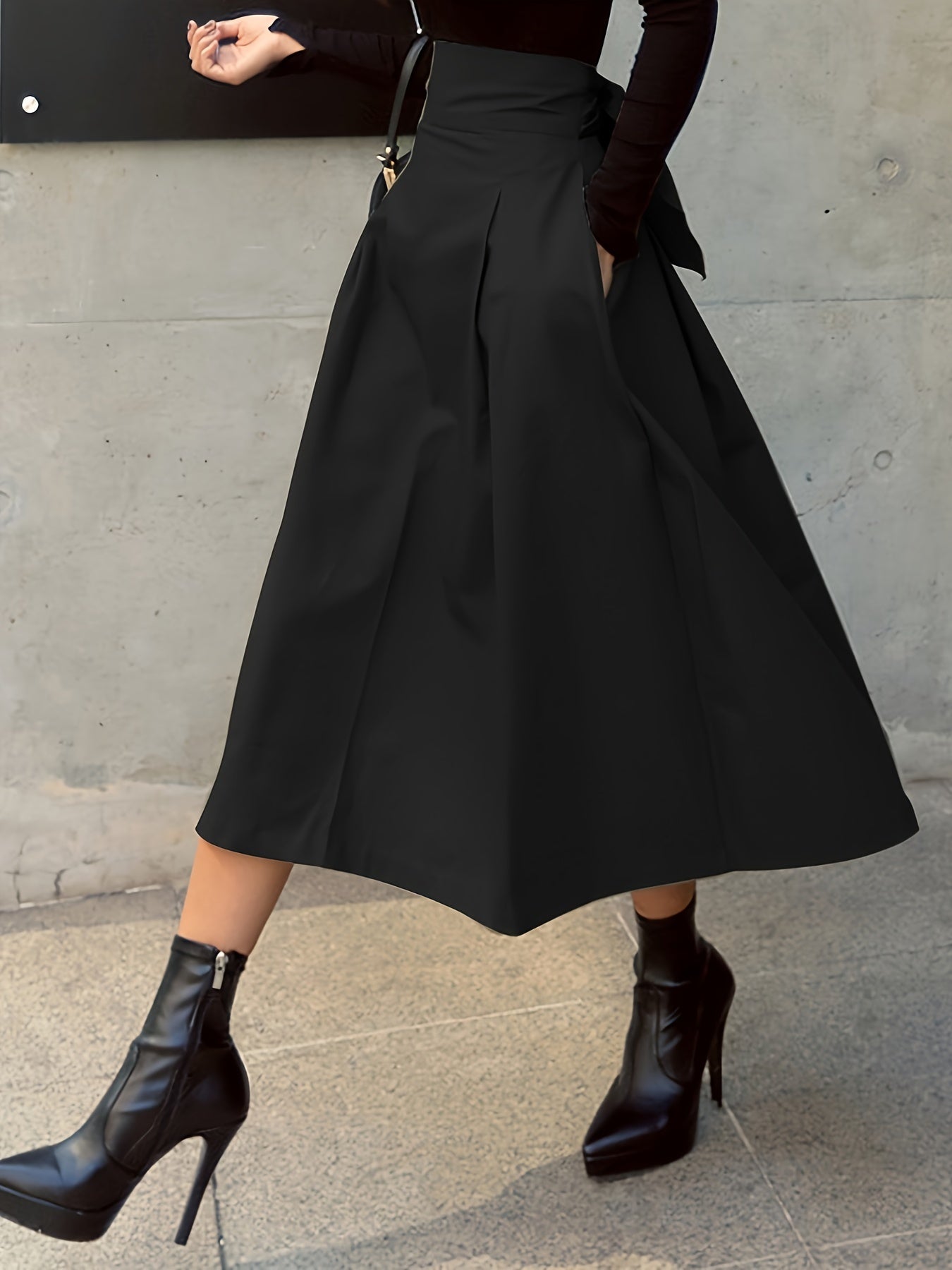 gbolsos Solid Color High Waist Skirt, Casual Bow Front Skirt For Spring & Fall, Women's Clothing