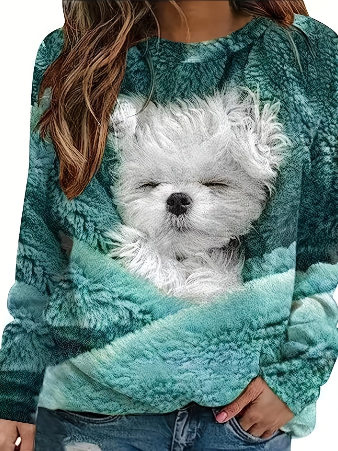 gbolsos Dog Print Pullover Sweatshirt, Casual Long Sleeve Crew Neck Sweatshirt For Fall & Winter, Women's Clothing