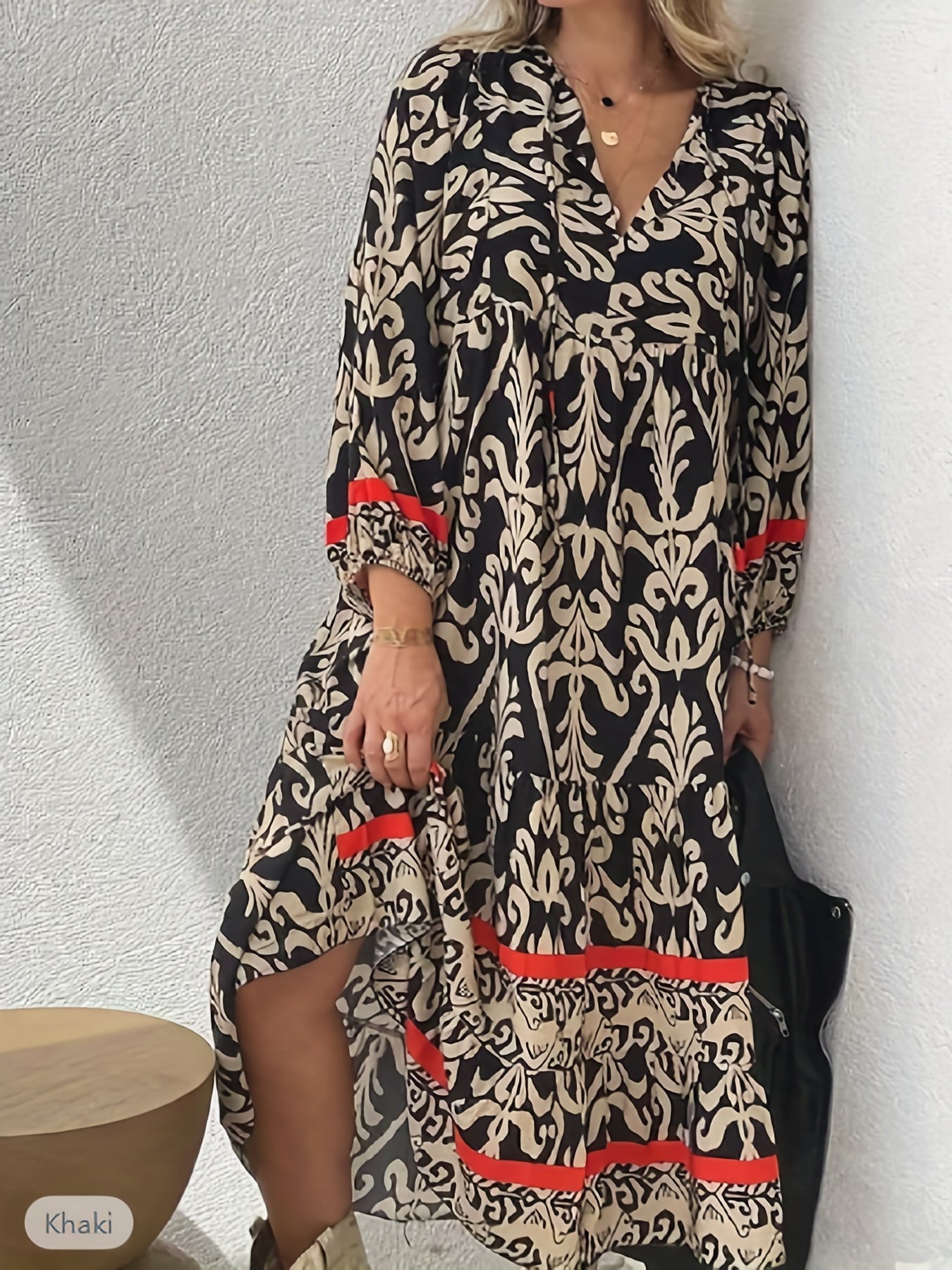 Ethnic Floral Print Dress, Boho V Neck Lantern Sleeve Dress, Women's Clothing
