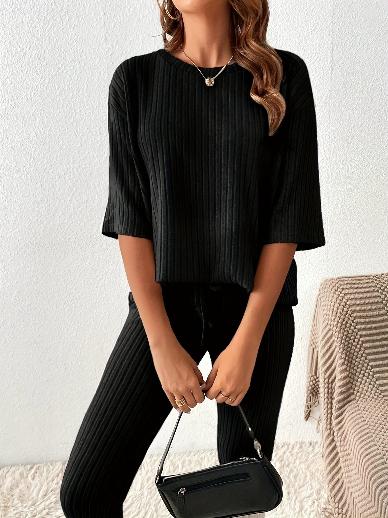 gbolsos Casual Ribbed Two-piece Set, Half Sleeve Crew Neck Top & Slim Pants Outfits, Women's Clothing