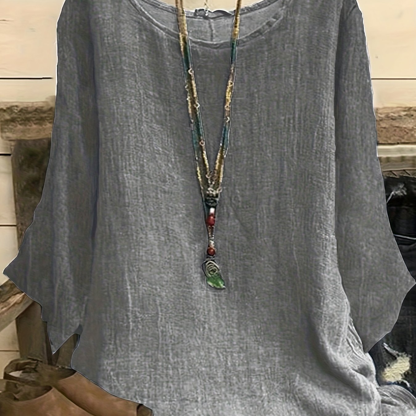 solvbao Plus Size Casual Top, Women's Plus Solid Long Sleeve Round Neck Oversized Tunic Top