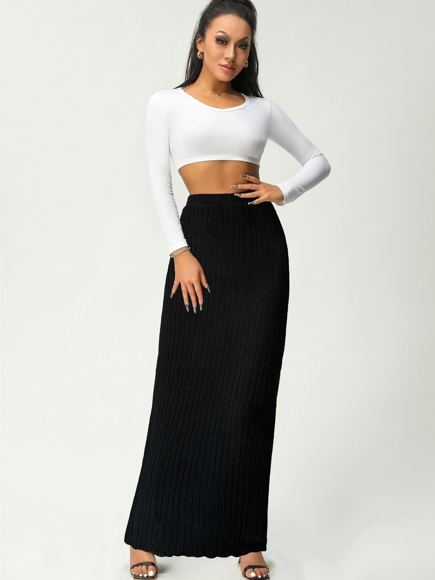 gbolsos Solid Scallop Trim High Waist Skirt, Elegant Long Length Skirt For Spring & Fall, Women's Clothing