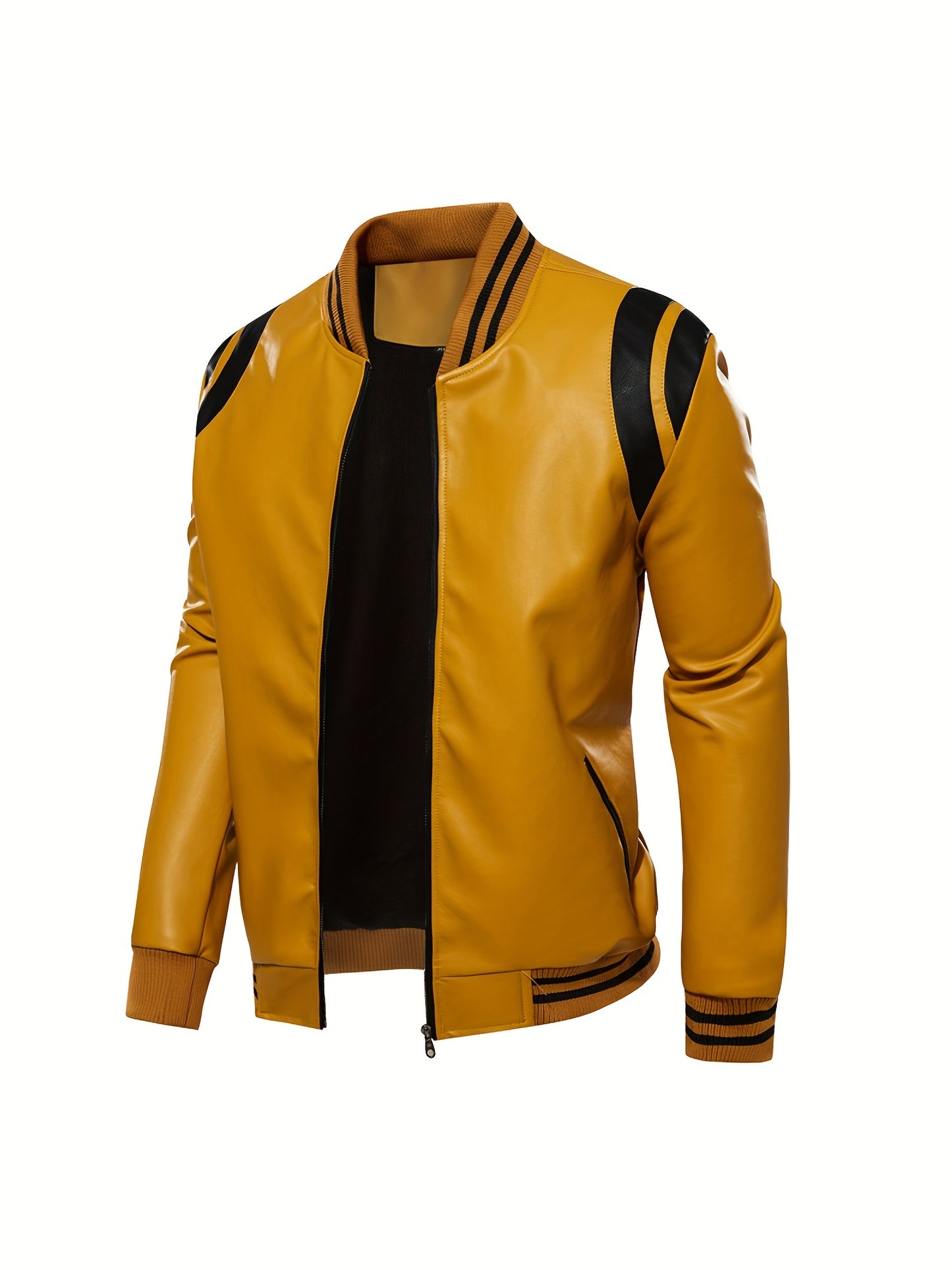 gbolsos Chic Color Block PU Jacket, Men's Casual Baseball Collar Faux Leather Biker Jacket