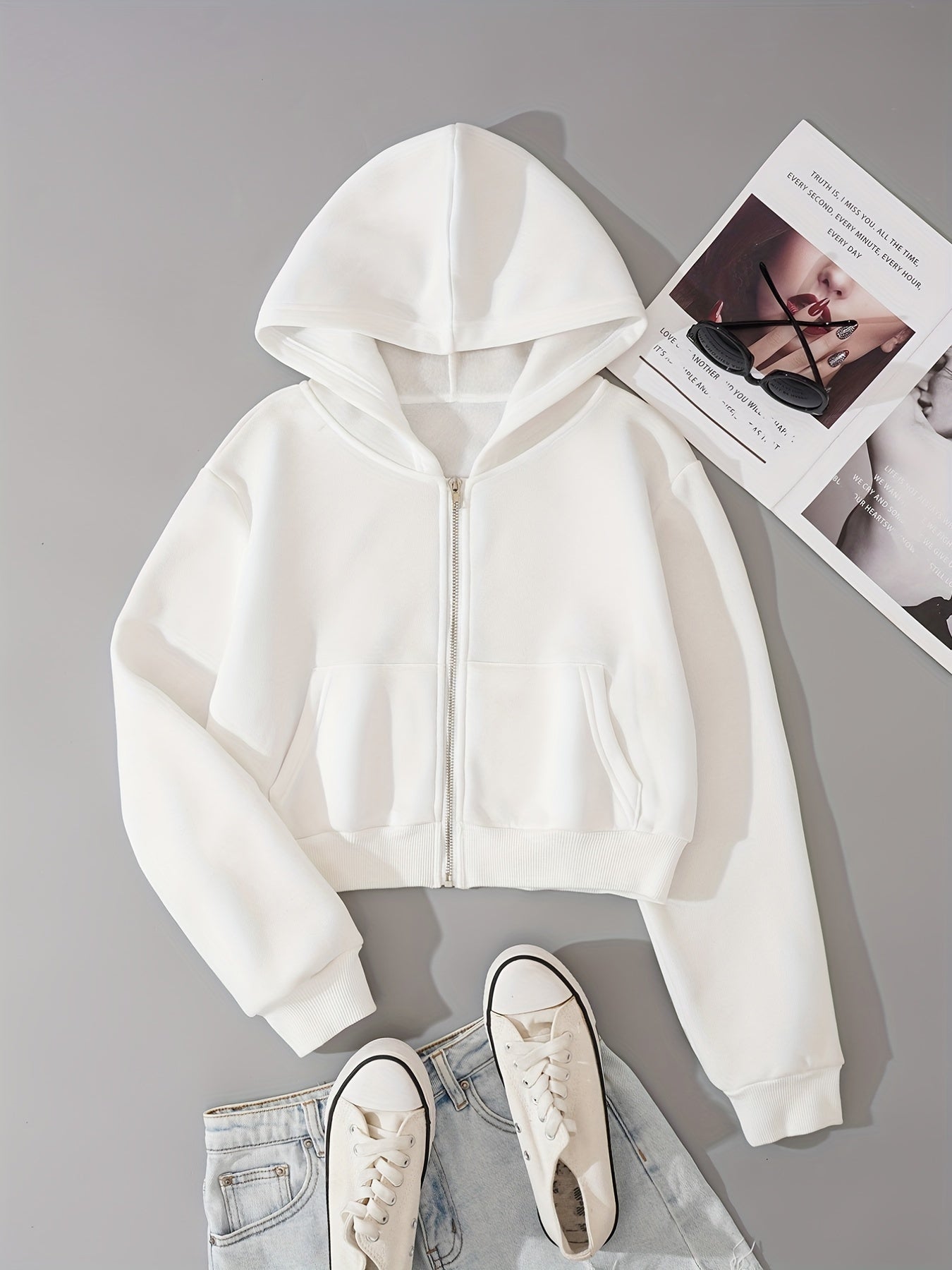 Zip Up Crop Hoodies, Long Sleeve Sports Casual Sweatshirt, Women's Clothing