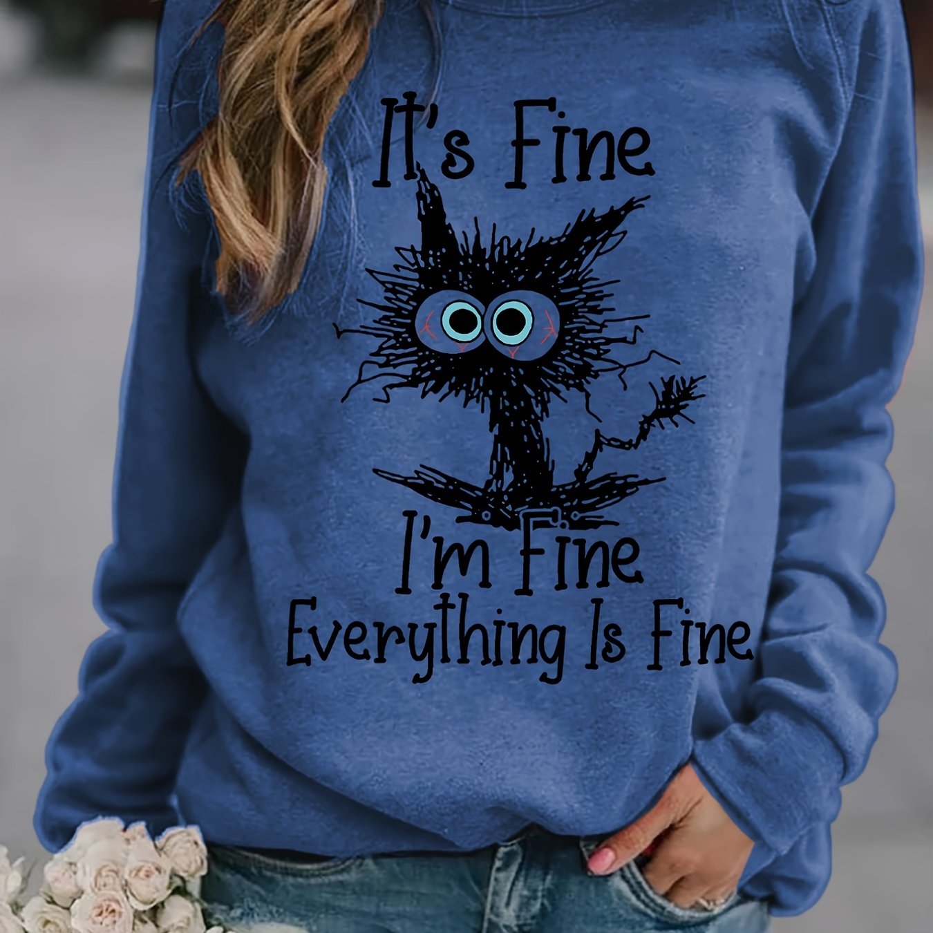 gbolsos It's Fine Cartoon Cat Print Sweatshirt, Long Sleeve Crew Neck Casual Sweatshirt For Winter & Fall, Women's Clothing
