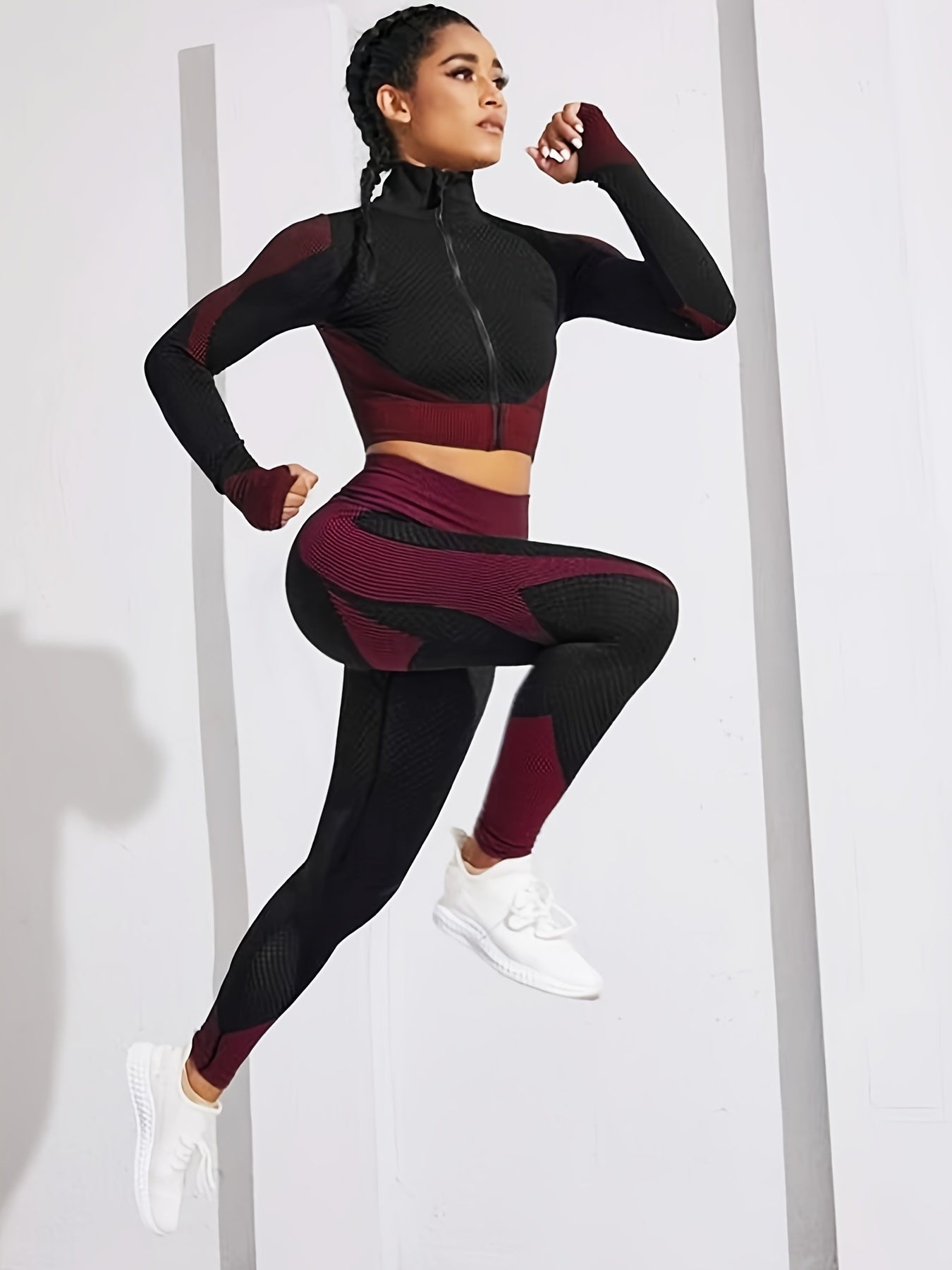 gbolsos 2pcs Seamless Knitting Suits, Full Zipper Long Sleeve Thumb Hole Cropped Top & Slimming High Waist Leggings Set, Women's Activewear