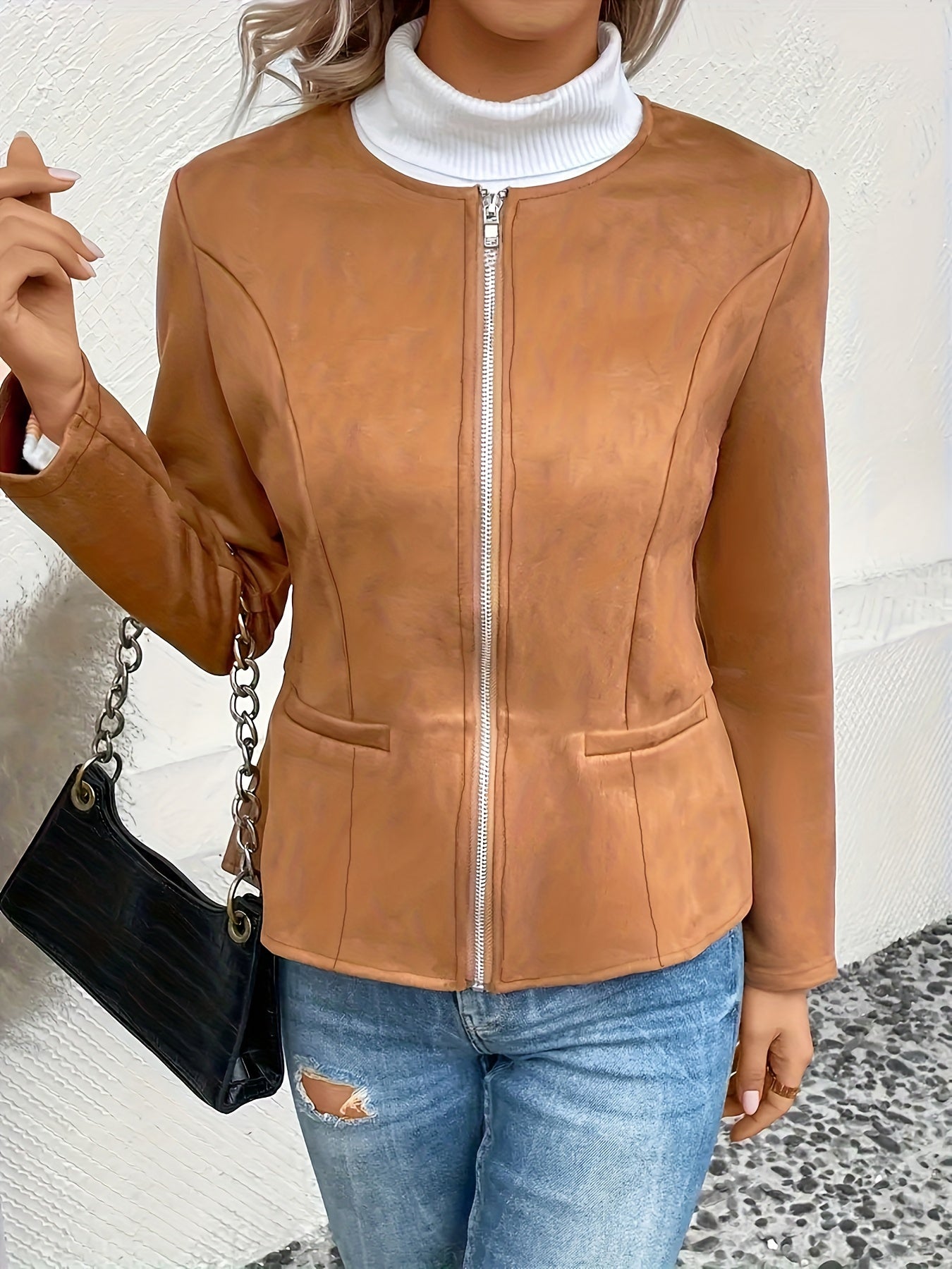 Plus Size Casual Coat, Women's Plus Solid Zip Up Long Sleeve Round Neck Jacket With Pockets