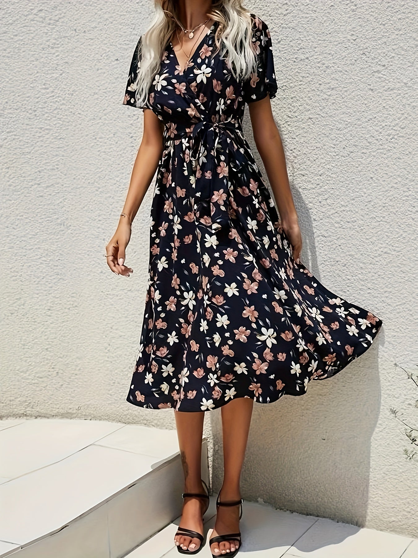 gbolsos Floral Print V Neck Dress, Boho Short Sleeve Midi Dress, Women's Clothing