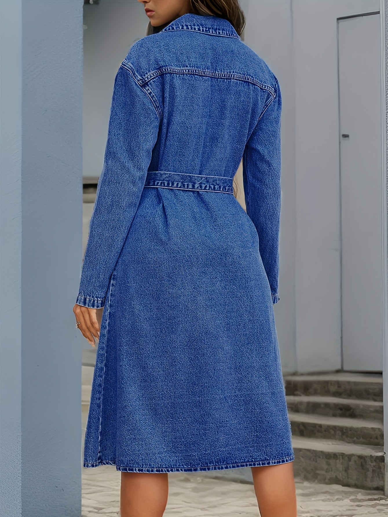 gbolsos Blue Long Sleeves Denim Dress, Patch Pockets Single Breasted Button With Waistband Lapel Denim Dress, Women's Denim Clothing