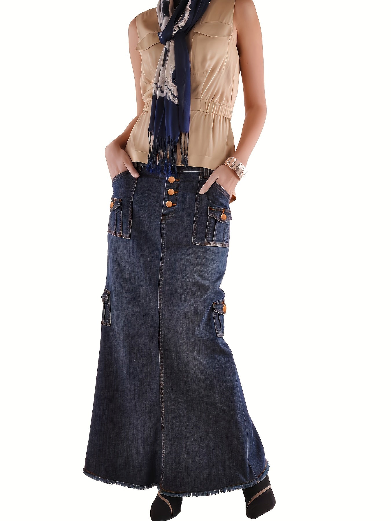 Blue Flap Pockets Cargo Denim Maxi Skirt, Raw Hem Single-Breasted Button Retro Denim Skirt, Women's Denim Clothing