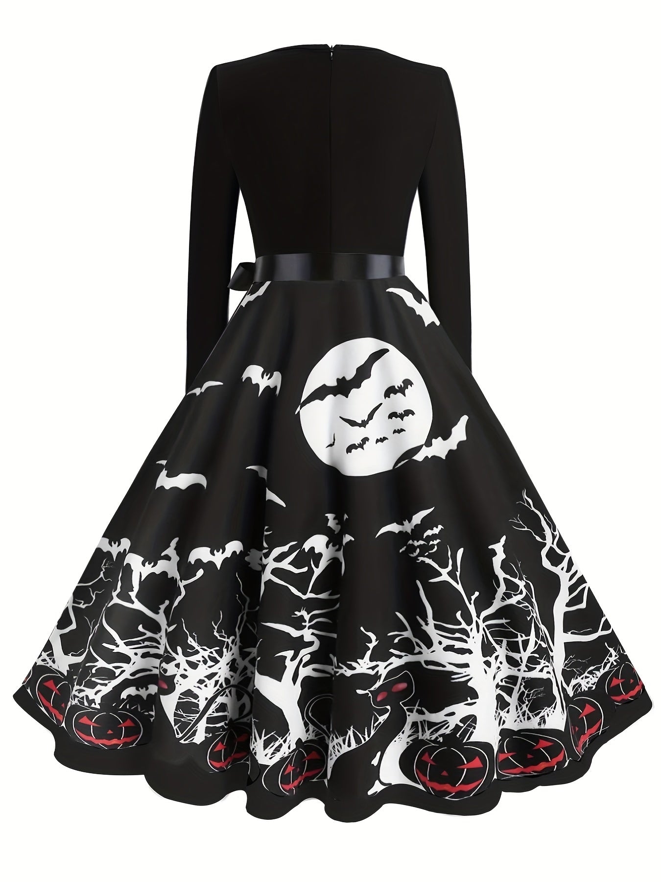 gbolsos Cartoon Ghost Print Dress, Elegant Long Sleeve Pleated Halloween Dress, Women's Clothing