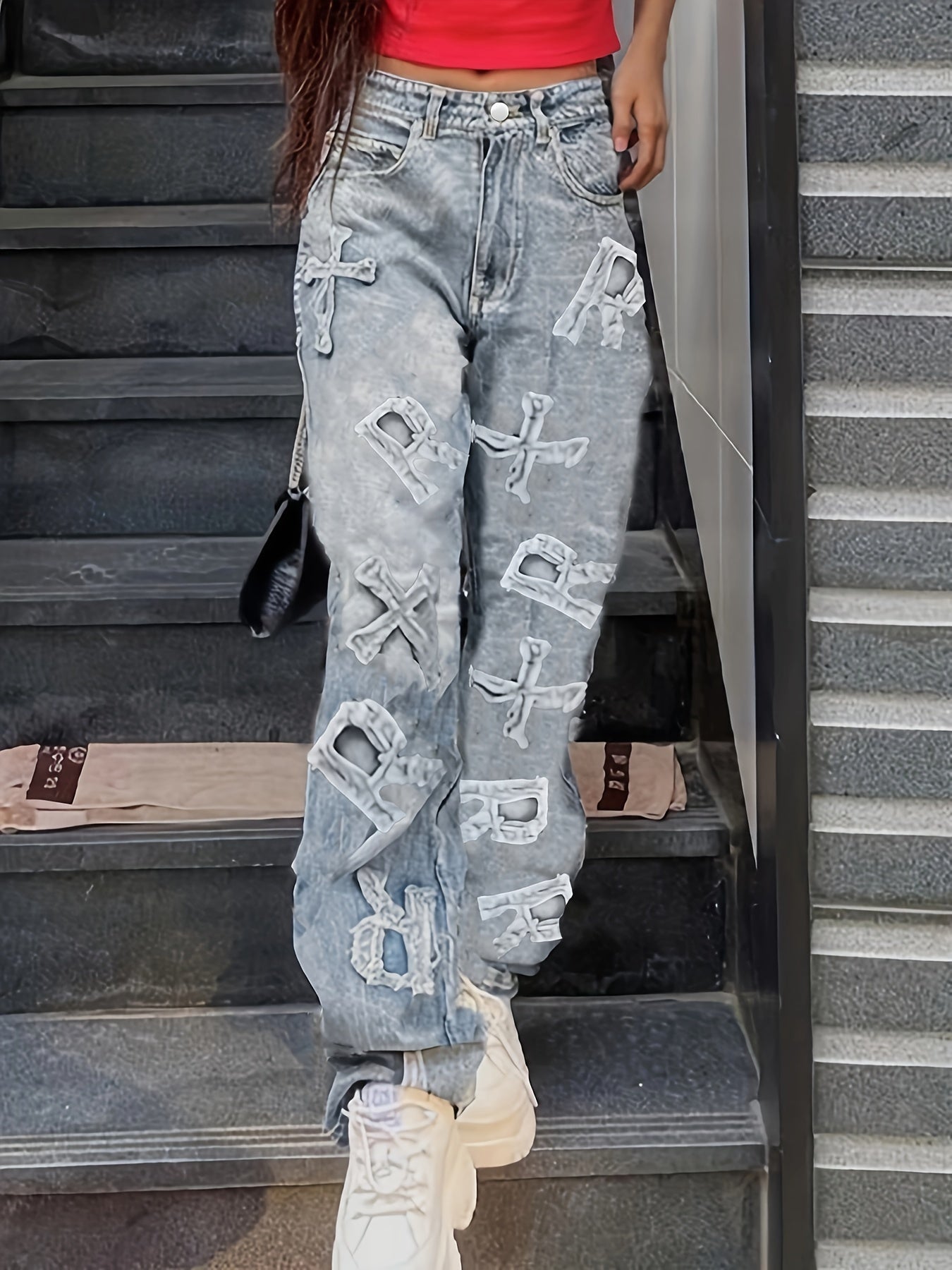 Letter Patch Faded Frayed Boyfriend Jeans, Distressed Loose Low Waist Street Style Denim Pants, Women's Denim Jeans & Clothing