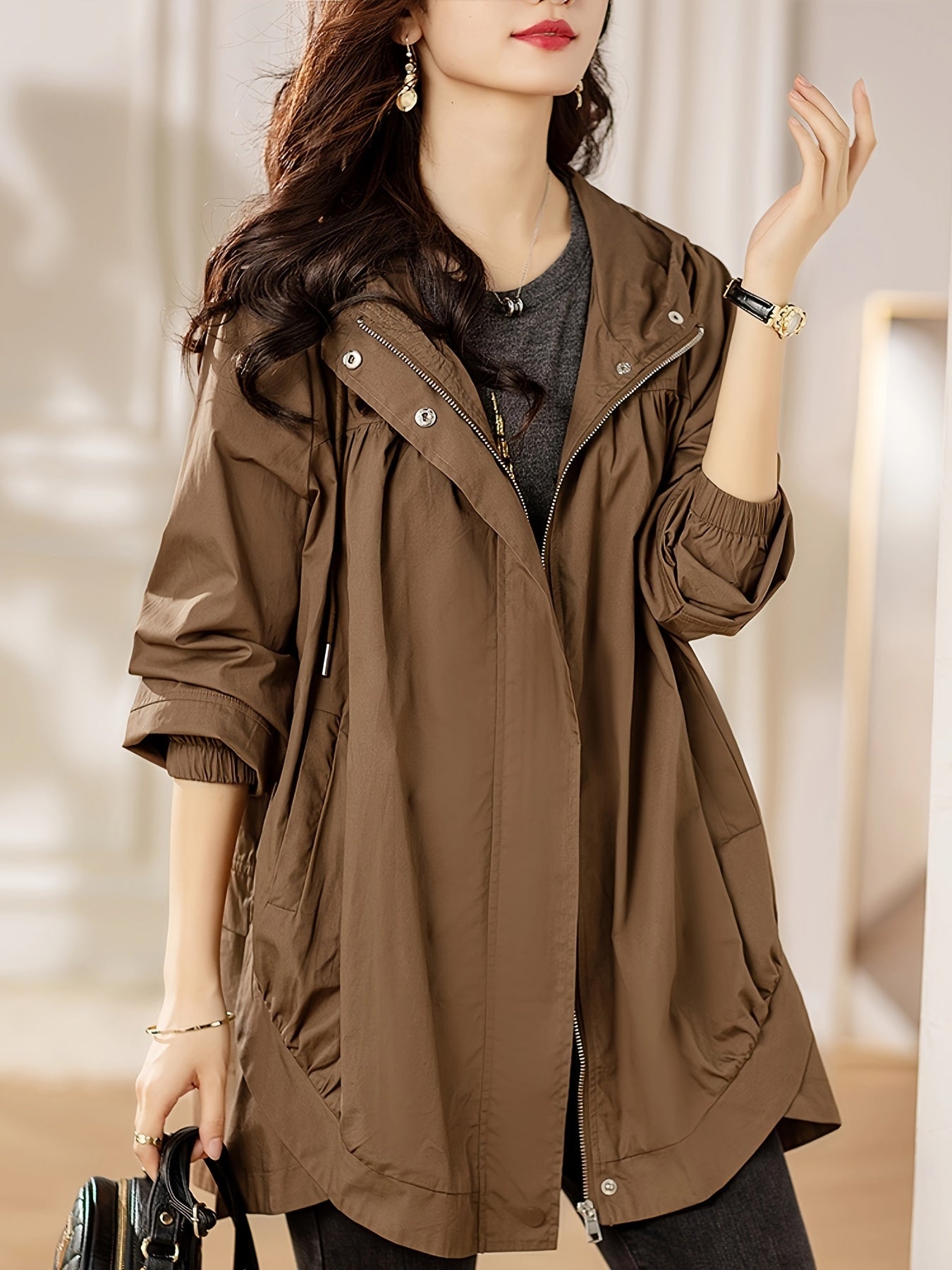 gbolsos Plus Size Solid Hooded Trench Coat, Casual Zip Up Long Sleeve Coat, Women's Plus Size Clothing