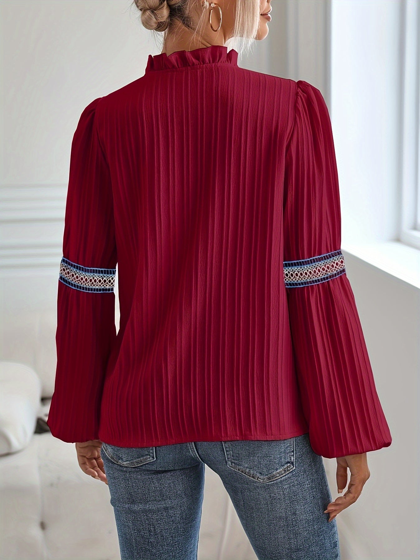 gbolsos Colorful Lace Stitching Blouse, Casual Long Sleeve Blouse For Spring & Fall, Women's Clothing