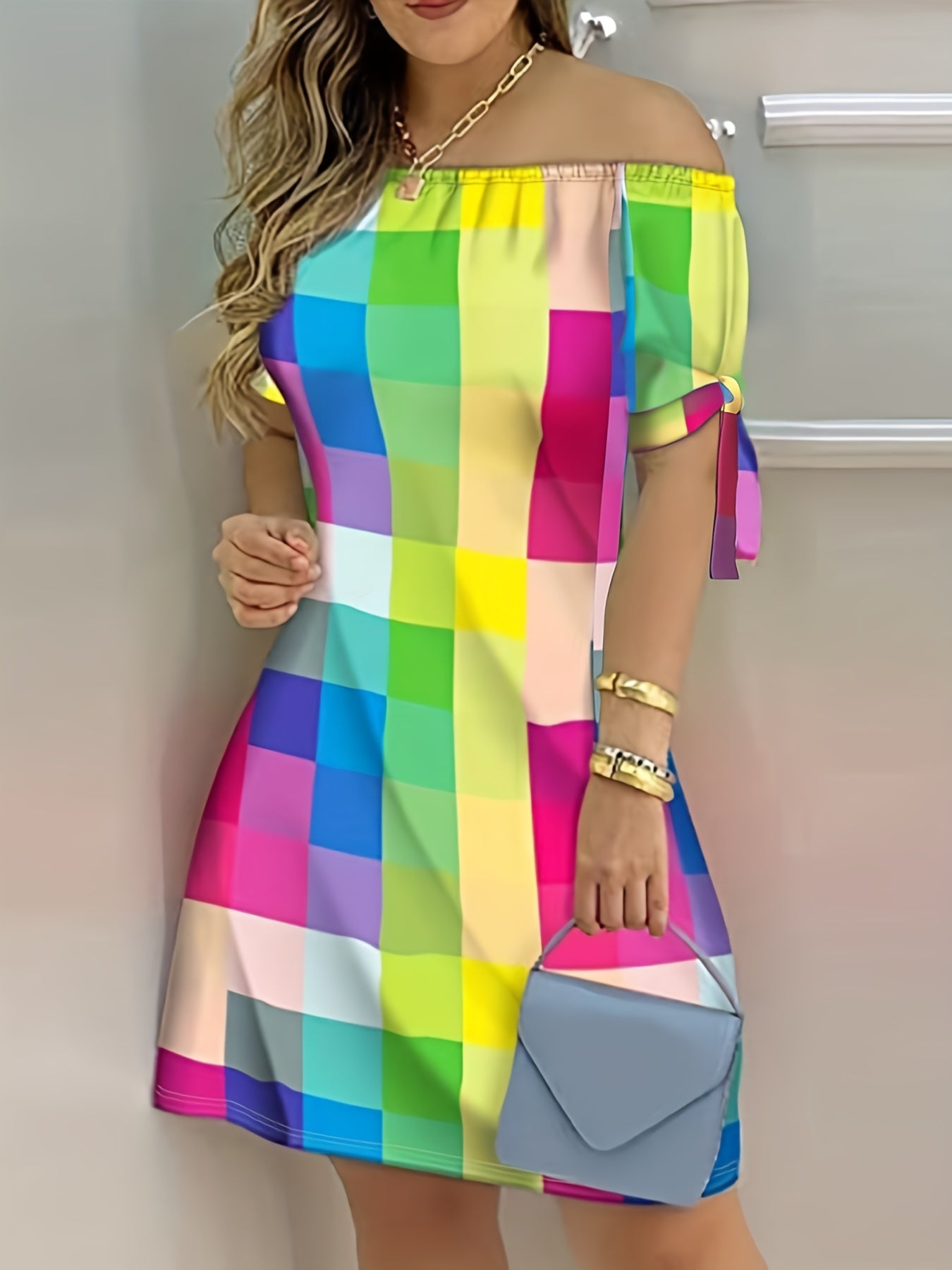gbolsos Color Block Off Shoulder Dress, Elegant Backless Short Sleeve Dress For Spring & Summer, Women's Clothing