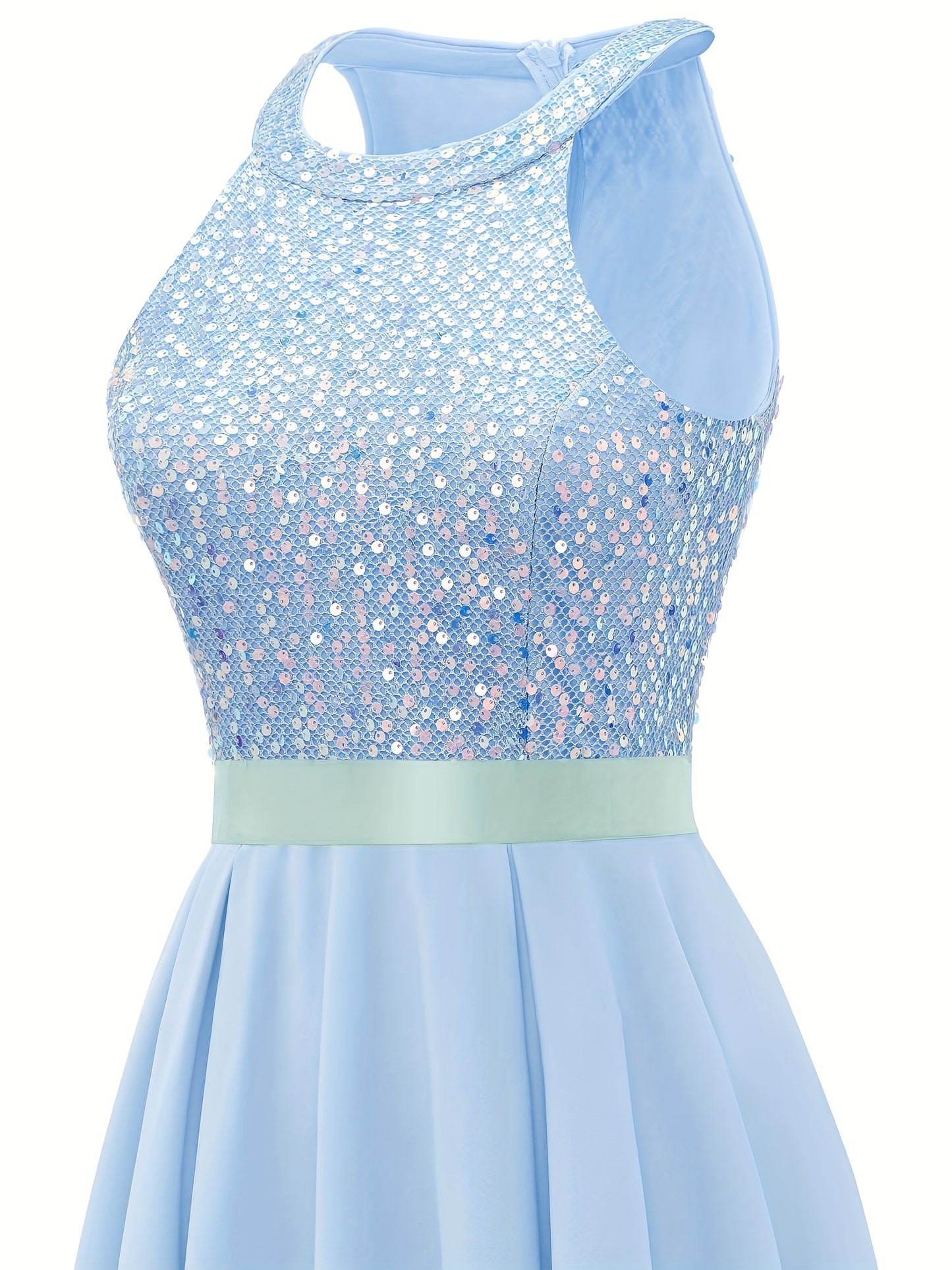 gbolsos Contrast Sequin Dipped Hem Dress, Elegant Sleeveless Solid Party Dress, Women's Clothing