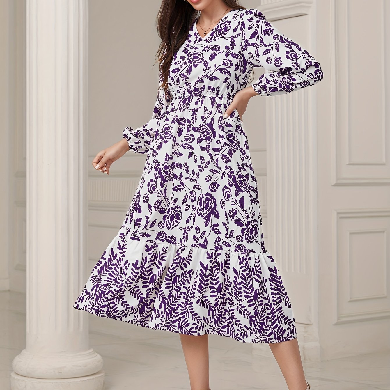 gbolsos Floral & Leaves Print V-neck Dress, Elegant Elastic Waist Long Sleeve Dress For Spring & Fall, Women's Clothing