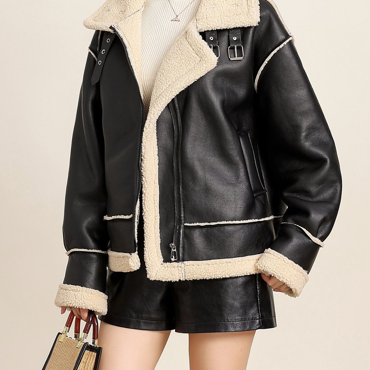 gbolsos Fuzzy Trim Biker Jacket, Casual Zip Up Long Sleeve Winter Outerwear, Women's Clothing