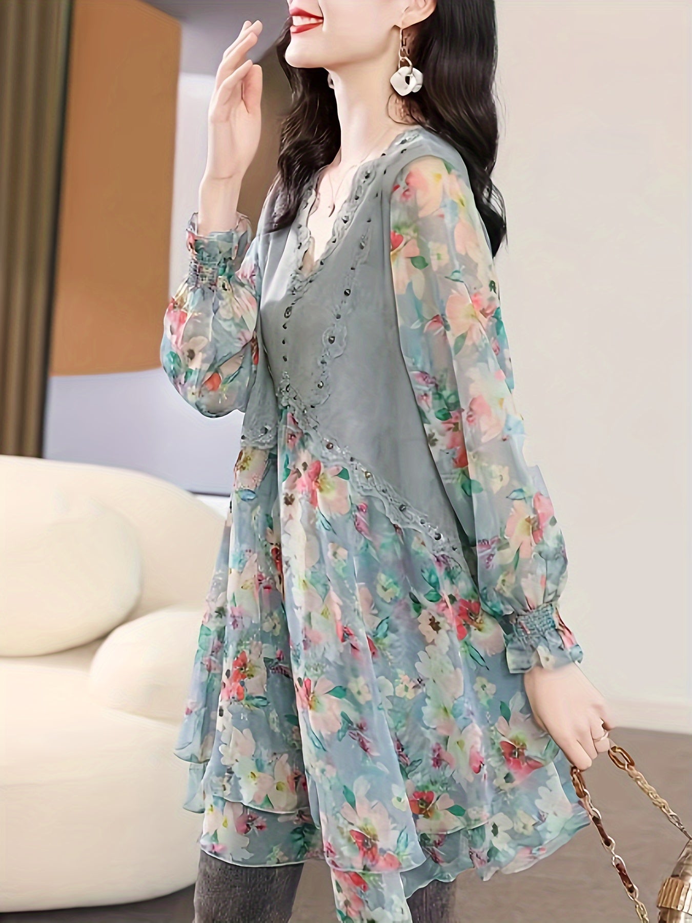 gbolsos Floral Print Splicing V-neck Tunics, Elegant Long Sleeve Color Block Top For Spring & Fall, Women's Clothing
