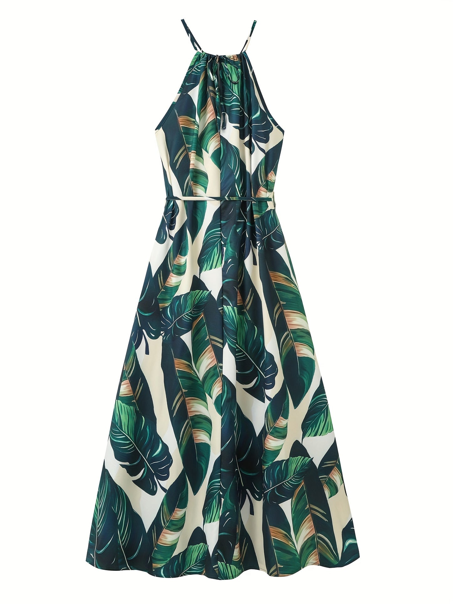 gbolsos Tropical Print Split Thigh Dress, Boho High Waist Crew Neck Sleeveless Summer Dress, Women's Clothing
