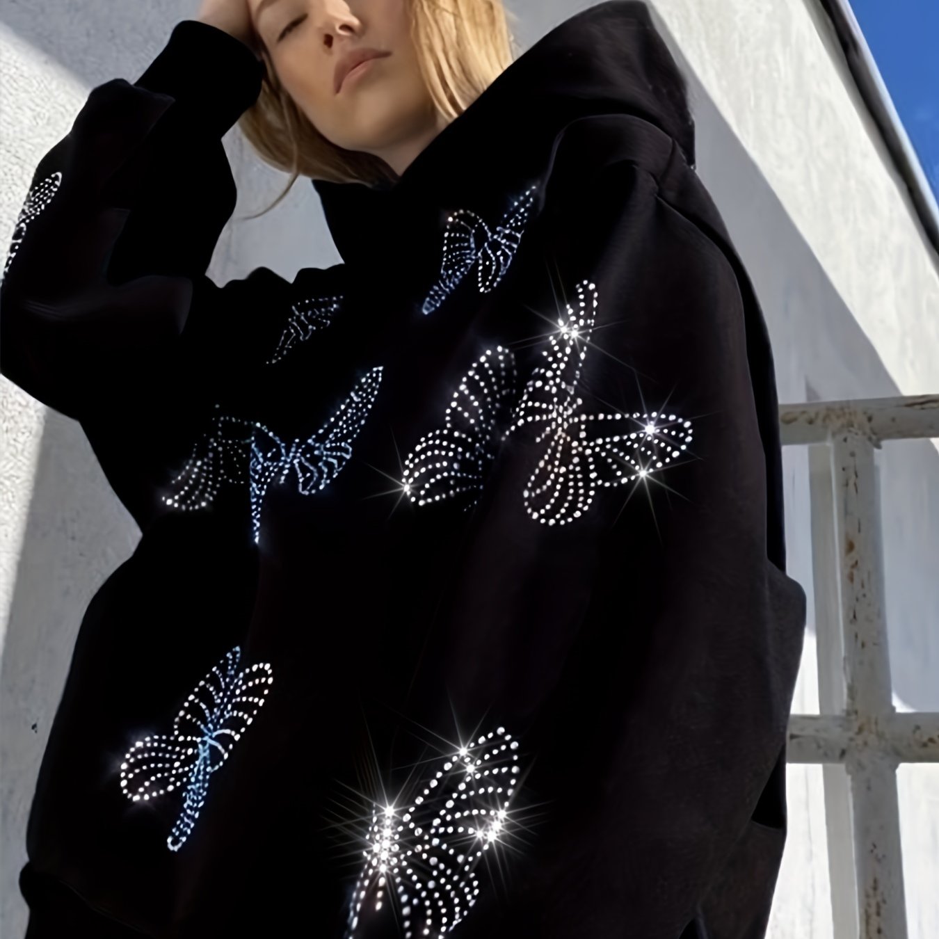 gbolsos Rhinestone Butterfly Hoodie, Casual Long Sleeve Loose Hoodies Sweatshirt, Women's Clothing