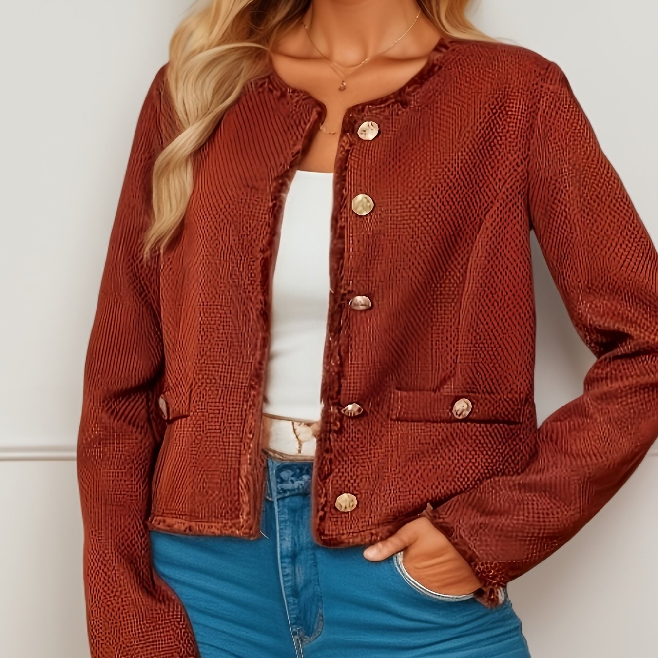 gbolsos Solid Button Front Jacket, Casual Simple Crew Neck Long Sleeve Outerwear, Women's Clothing