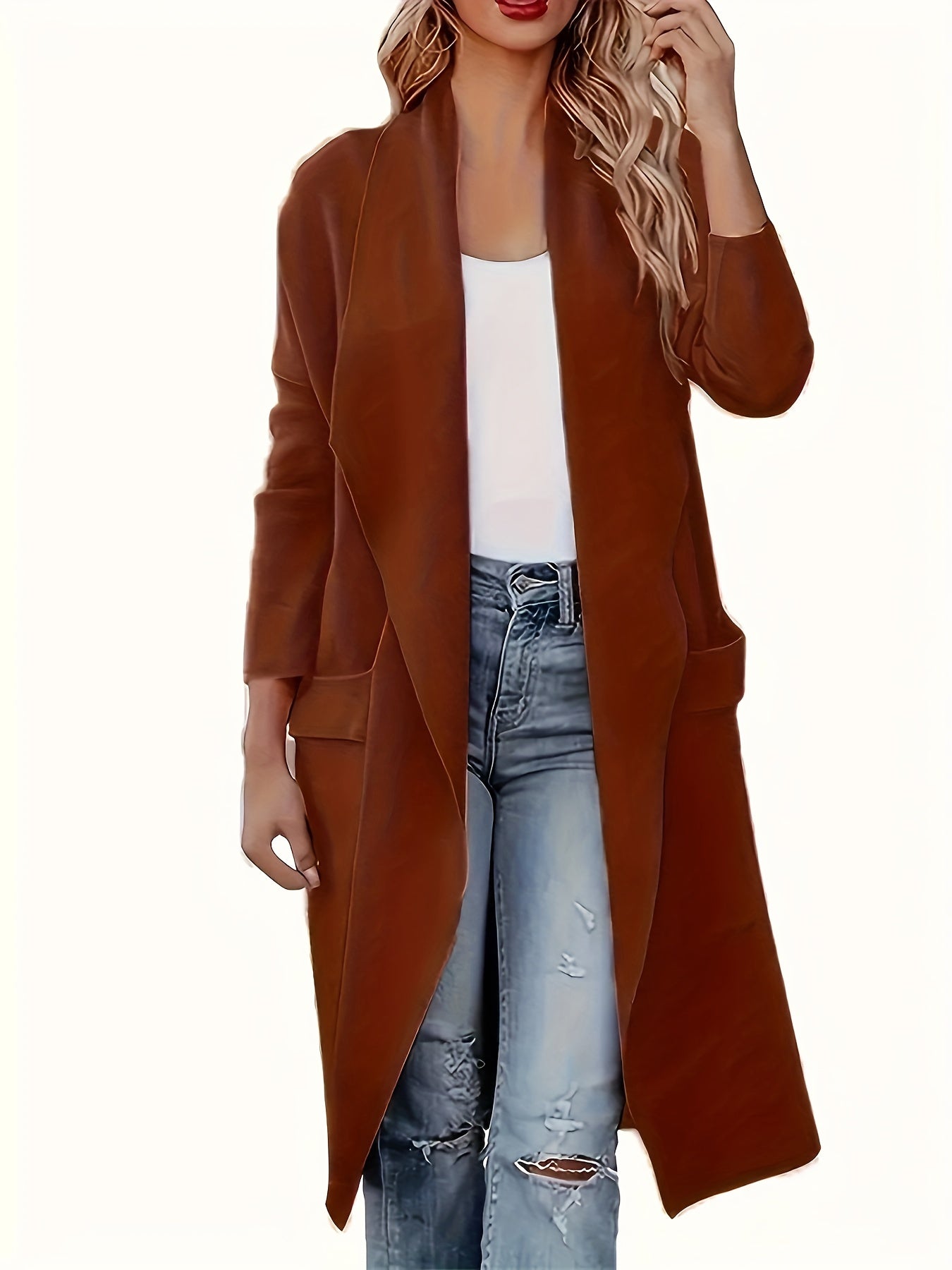 Plus Size Elegant Coat, Women's Plus Solid Long Sleeve Open Front Lapel Collar Longline Cardigan Coat With Pockets