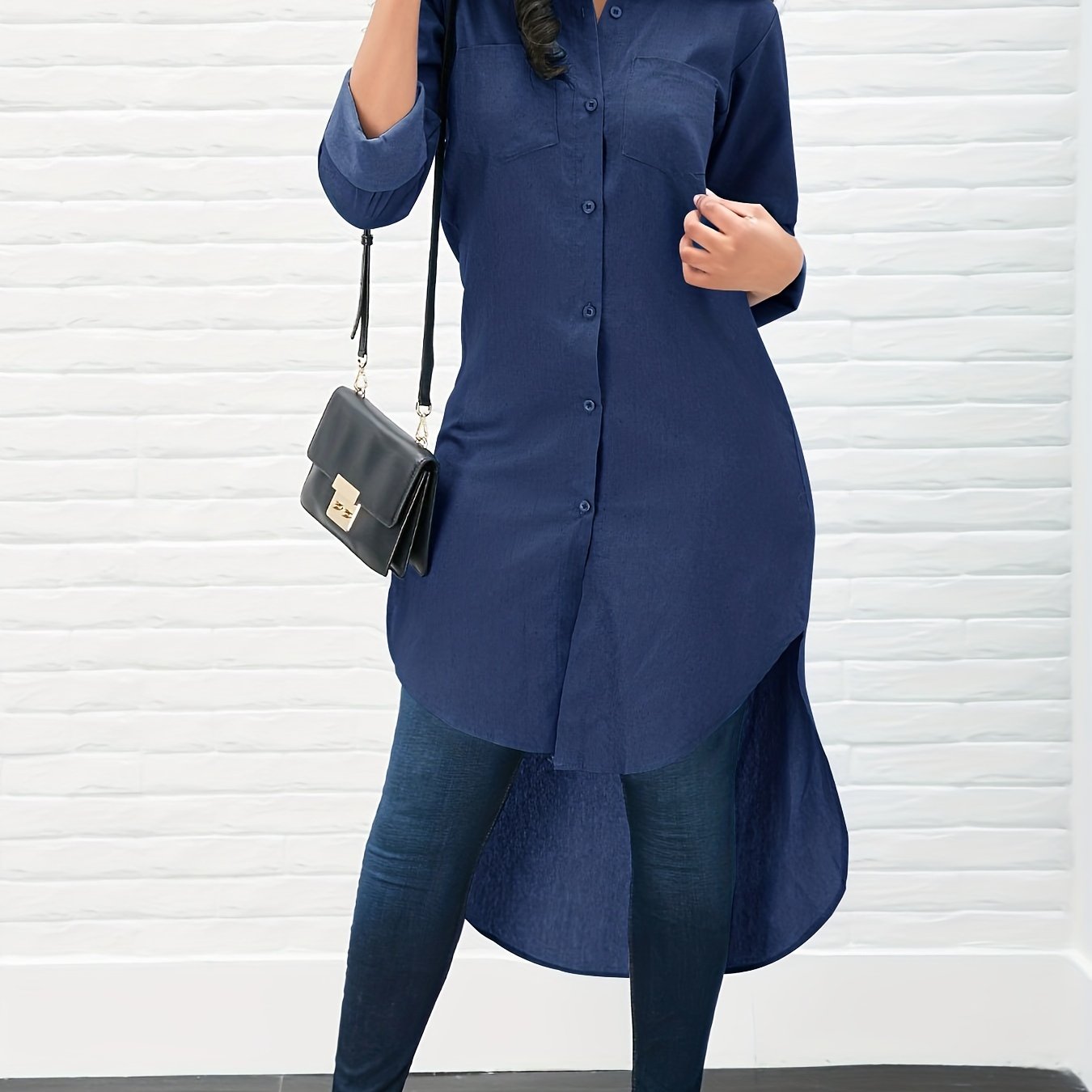 gbolsos Solid Long Sleeve Button Down Lapel Irregular Hem Shirt, Elegant Pockets Stylish Comfy Shirt, Women's Clothing