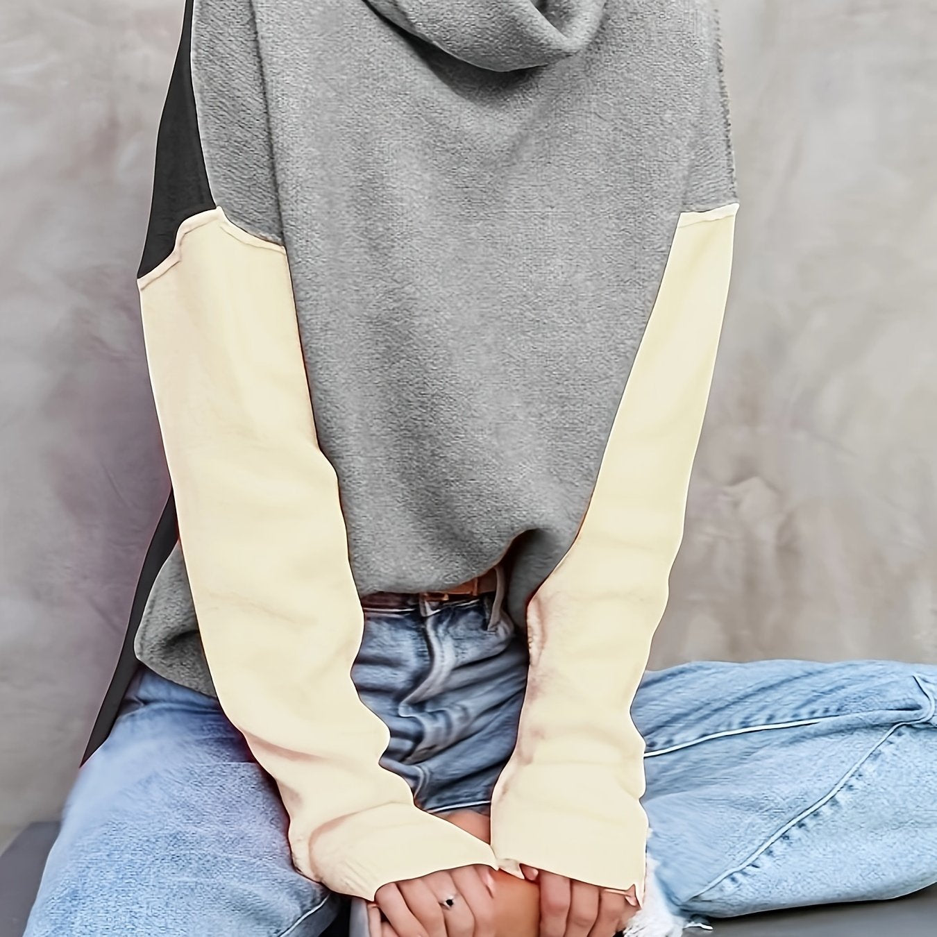 gbolsos Color Block Turtle Neck Pullover Sweater, Casual Long Sleeve Split Side Sweater For Fall & Winter, Women's Clothing