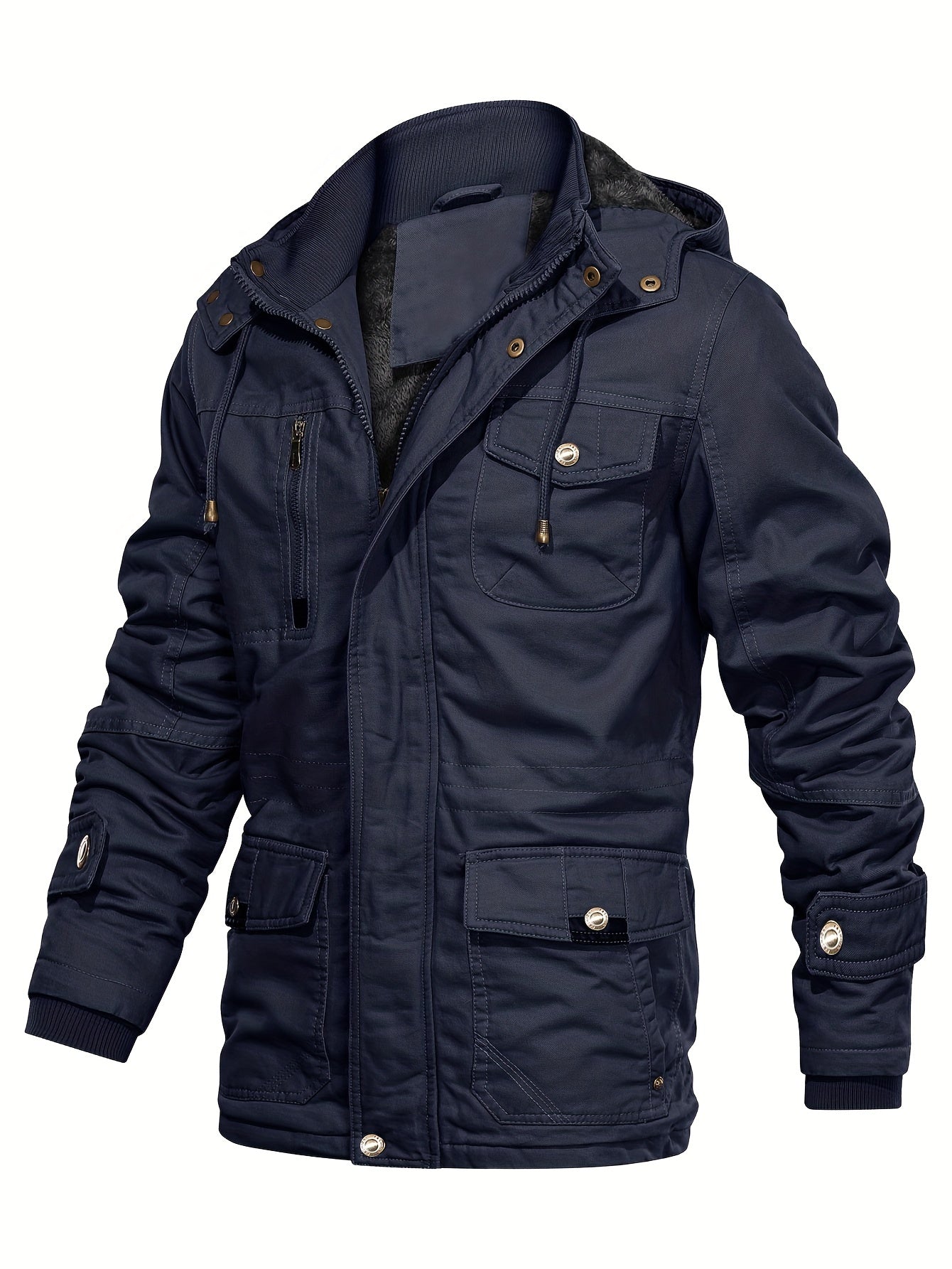 gbolsos Men's Winter Cargo Jackets Casual Thicken Multi-Pocket Outwear Fleece Lined Military Warm Coat Removable Hood